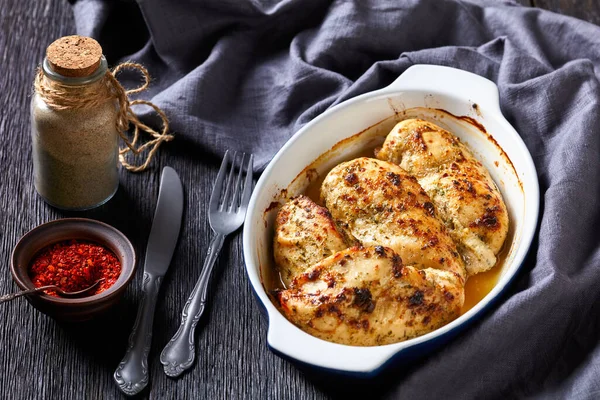 Oven Baked Spicy Juicy Chicken Breasts Baking Dish Dark Wooden — Stock Photo, Image