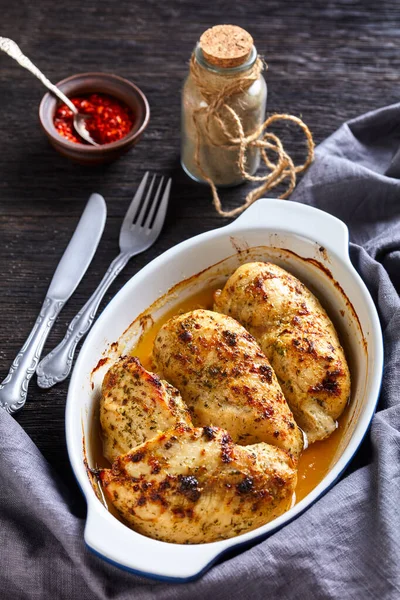 Oven Baked Spicy Juicy Chicken Breasts Baking Dish Dark Wooden — Stock Photo, Image