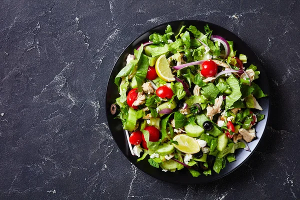 Carne Frango Azeitonas Cebola Vermelha Tomates Pepino Hortelã Salada Alface — Fotografia de Stock