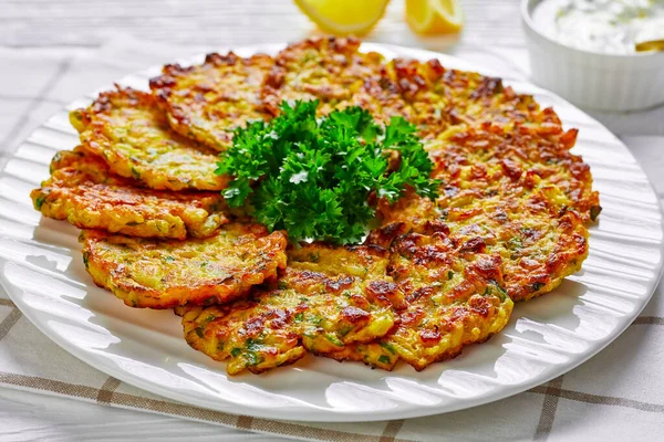 Onion Patties Latkes Parsley Rice Served White Plate Lemon Greek — Stock Photo, Image