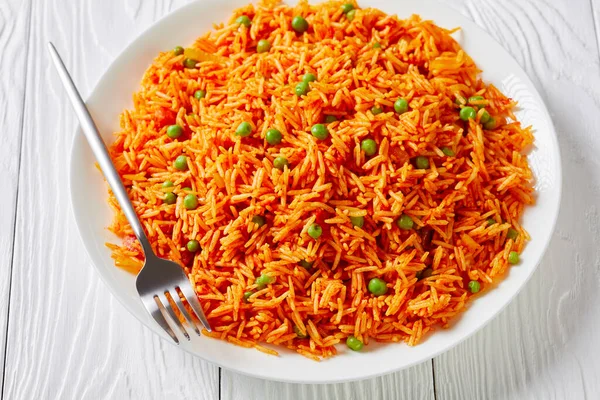 Close Tomato Onion Green Peas Rice Pilaf Tamatar Biryani White — Stock Photo, Image