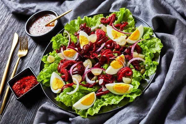 Close Salada Polvo Bebê Com Ovos Cozidos Alcaparras Cebola Marinada — Fotografia de Stock