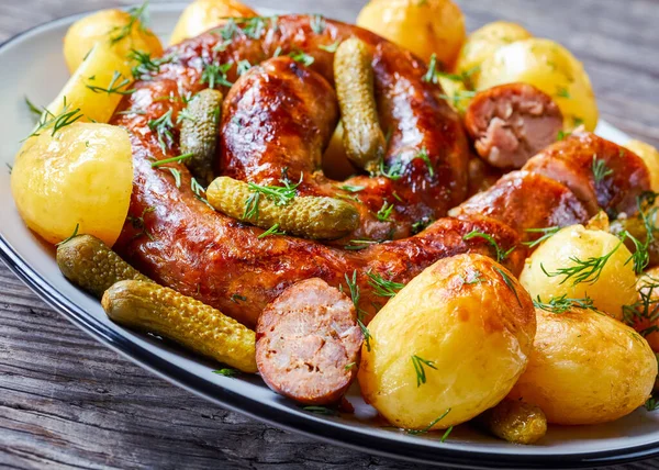 Roasted New Potato Pickled Cucumbers Pork Sausage Sprinkled Fresh Dill — Stock Photo, Image