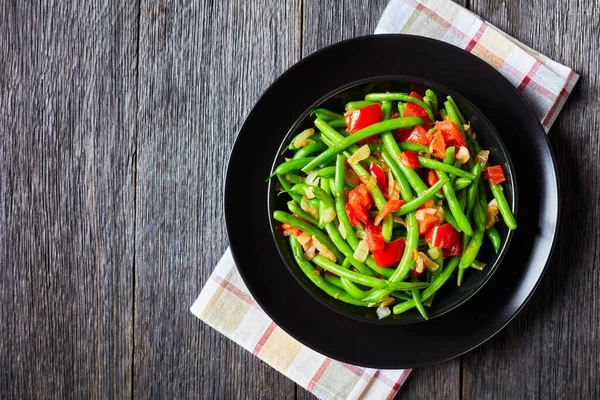 Roerbak Groene Bonen Met Uien Tomaten Fry Bodi Een Zwarte — Stockfoto