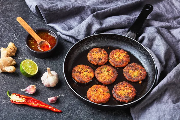 Fried Thai Fish Cakes Prepared Skillet Concrete Table Sweet Chili — Stock Photo, Image