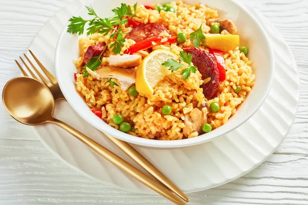 Gros Plan Paella Poulet Espagnol Avec Riz Bomba Valencien Viande — Photo