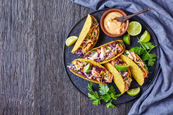 Lachstacos Mit Rotkohlsalat Mit Würziger Joghurtsoße Bestreut Mit Fein Gehackter — Stockfoto