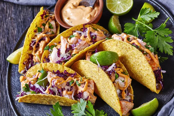 Nahaufnahme Von Lachstacos Mit Rotkohlsalat Mit Würziger Joghurtsoße Bestreut Mit — Stockfoto