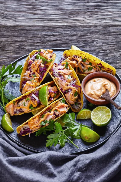 Nahaufnahme Von Lachstacos Mit Rotkohlsalat Mit Würziger Joghurtsoße Bestreut Mit — Stockfoto