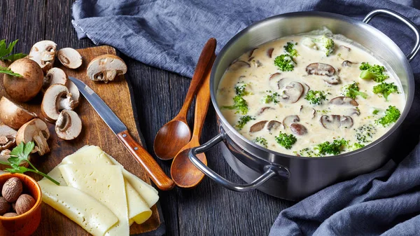 Sup Brokoli Keju Jamur Dalam Panci Dengan Bahan Bahan Latar — Stok Foto