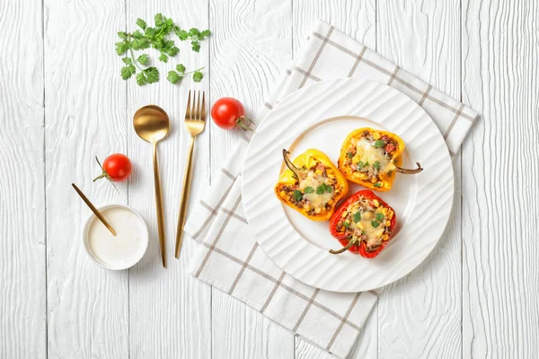 Classic Stuffed Bell Peppers Ground Beef Corn Cheese White Plate — Stock Photo, Image