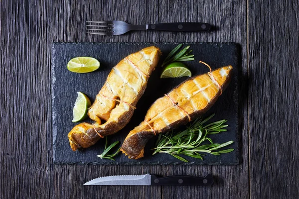 Traditional Smoked Halibut Fish Steaks Lime Rosemary Sprigs Black Slate — Stock Photo, Image