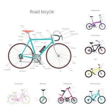 Types of bicycle with text: road bicycle, BMX, tandem, monocycle, cruiser. clipart