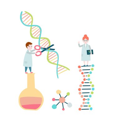 Küçük bilim adamları kavramı. DNA yapısı, genom sıralama. Vektör çizim.