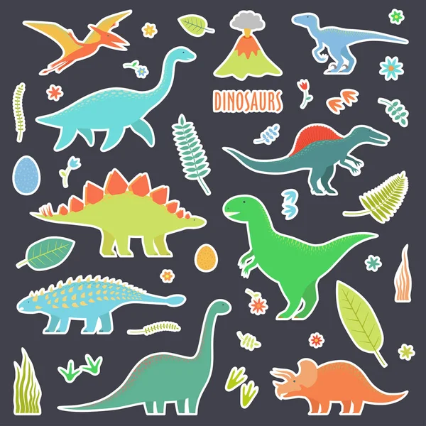 Динозаври Встановлюють Наклейок Типи Динозаврів — стоковий вектор