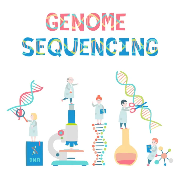 Ensemble Petits Scientifiques Concept Séquençage Génome Molécule Hélice Adn Génome — Image vectorielle