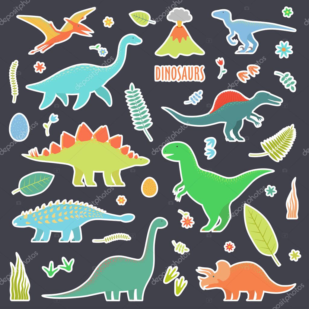 Dinosaurs set for stickers. Types of dinosaurs.