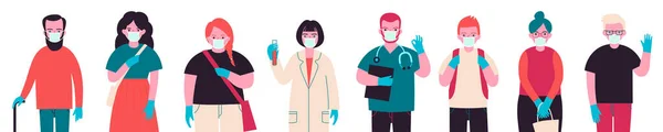 Tıbbi koruyucu maskeli insanlar bir arada duruyorlar. Coronavirüs salgını. Vektör illüstrasyonu