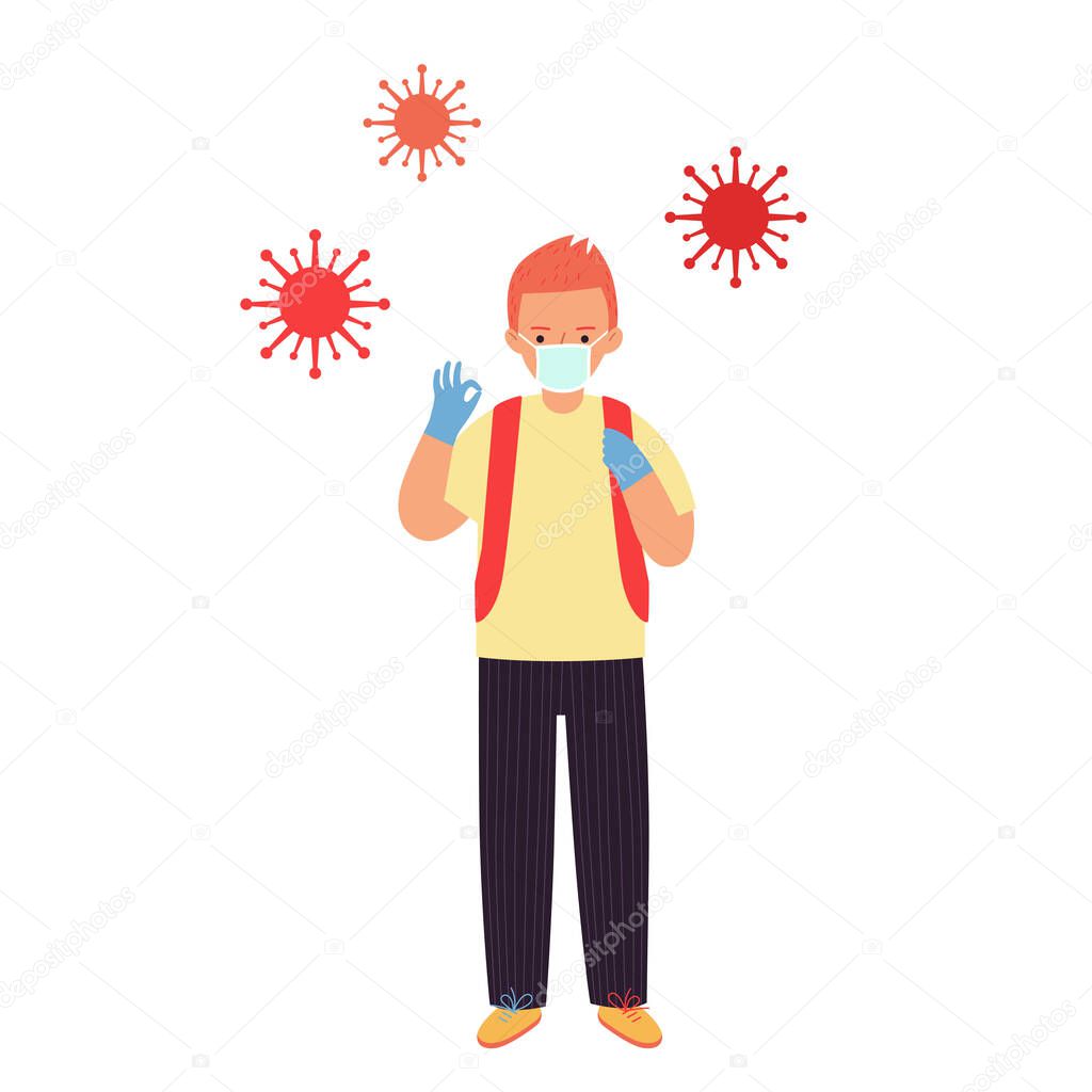 The guy in the medical mask and gloves shows ok. Vector illustration isolated on white.