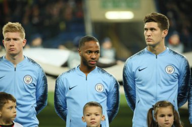 Kharkiv, Ukrayna - 23 Ekim 2018: Raheem Shaquille Sterling Manchester City Shakhtar Donetsk Osk Metalist Stadyumu'nda karşı Uefa Şampiyonlar Ligi oyun sırasında.