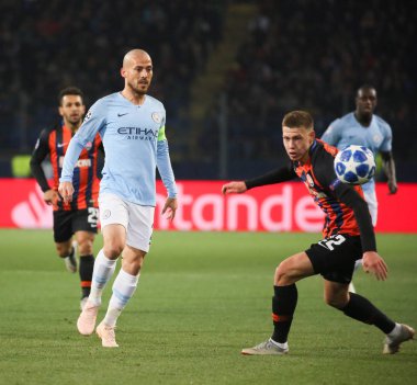 Kharkiv, Ukrayna - 23 Ekim 2018: David Silva Manchester City Shakhtar Donetsk Osk Metalist Stadyumu'nda karşı Uefa Şampiyonlar Ligi oyun sırasında