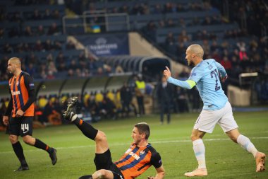 Kharkiv, Ukrayna - 23 Ekim 2018: David Silva Manchester City Shakhtar Donetsk Osk Metalist Stadyumu'nda karşı Uefa Şampiyonlar Ligi oyun sırasında