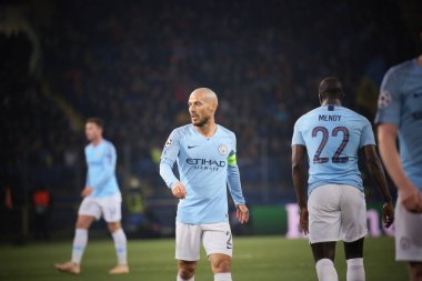 Kharkiv, Ukrayna - 23 Ekim 2018: David Silva Manchester City Shakhtar Donetsk Osk Metalist Stadyumu'nda karşı Uefa Şampiyonlar Ligi oyun sırasında