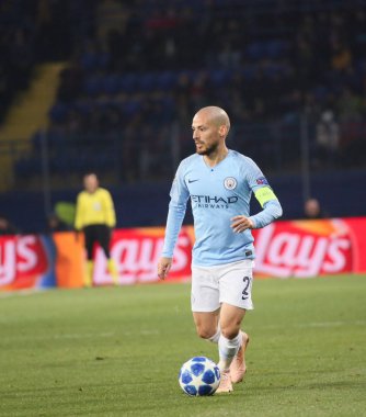 Kharkiv, Ukrayna - 23 Ekim 2018: David Silva Manchester City Shakhtar Donetsk Osk Metalist Stadyumu'nda karşı Uefa Şampiyonlar Ligi oyun sırasında