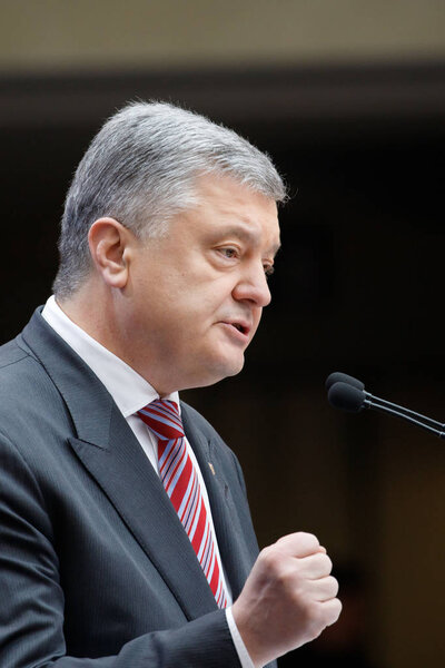 KIEV, UKRAINE - APR 14, 2019: President of Ukraine Petro Poroshenko visits NSC Olimpiysky during presidential elections campaign in Kiev