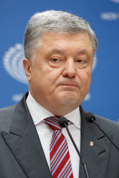 KIEV, UKRAINE - APR 14, 2019: President of Ukraine Petro Poroshenko visits NSC Olimpiysky during presidential elections campaign in Kiev