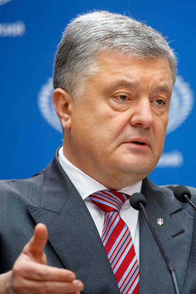 KIEV, UKRAINE - APR 14, 2019: President of Ukraine Petro Poroshenko visits NSC Olimpiysky during presidential elections campaign in Kiev