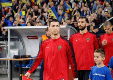 Kyiv, Ukrayna - 14 Ekim 2019: Portekizli Cristiano Ronaldo Uefa Euro 2020 ön eleme maçı sırasında Nsk Olimpiyskyi Stadyumu 'nda Portekiz' e karşı