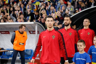 Kyiv, Ukrayna - 14 Ekim 2019: Portekizli Cristiano Ronaldo Uefa Euro 2020 ön eleme maçı sırasında Nsk Olimpiyskyi Stadyumu 'nda Portekiz' e karşı