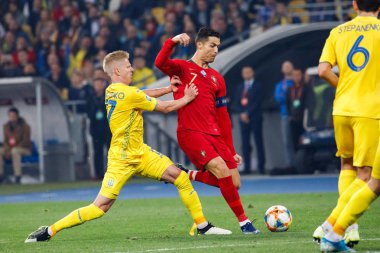 Kyiv, Ukrayna - 14 Ekim 2019: Portekizli Cristiano Ronaldo Uefa Euro 2020 ön eleme maçı sırasında Nsk Olimpiyskyi Stadyumu 'nda Portekiz' e karşı