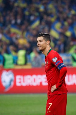 Kyiv, Ukrayna - 14 Ekim 2019: Portekizli Cristiano Ronaldo Uefa Euro 2020 ön eleme maçı sırasında Nsk Olimpiyskyi Stadyumu 'nda Portekiz' e karşı
