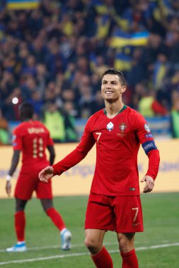 Kyiv, Ukrayna - 14 Ekim 2019: Portekizli Cristiano Ronaldo Uefa Euro 2020 ön eleme maçı sırasında Nsk Olimpiyskyi Stadyumu 'nda Portekiz' e karşı