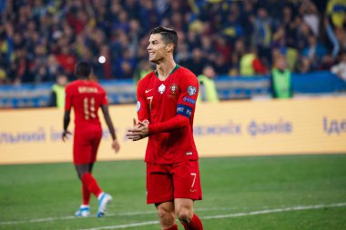 Kyiv, Ukrayna - 14 Ekim 2019: Portekizli Cristiano Ronaldo Uefa Euro 2020 ön eleme maçı sırasında Nsk Olimpiyskyi Stadyumu 'nda Portekiz' e karşı