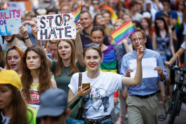 Kyiv Ukraine June 2017 Girl Banner Stop Hate Attend Equality — Stock Photo, Image