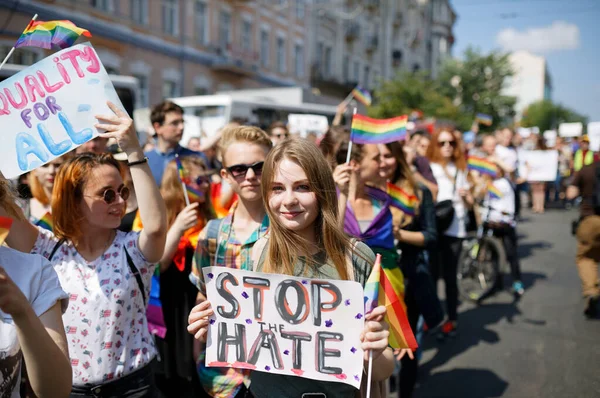 Kyiv Ukraine June 2017 Girl Banner Stop Hate Attend Equality — Stock Photo, Image