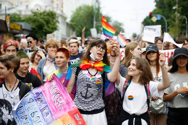 Kyiv Ukraine June 2018 People Rainbow Flags Attend Equality March — Stock Photo, Image