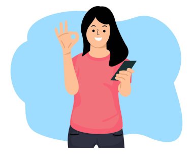 Akıllı telefonu tutan ve işaret parmağı gösteren bir kadın veya internet üzerinden akıllı telefon uygulaması kullanan bir kadın.