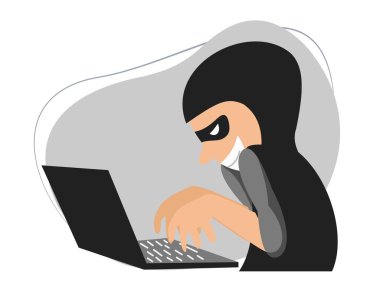 Siyah kapüşonlu bir bilgisayar korsanı dizüstü bilgisayarın önünde oturuyor.