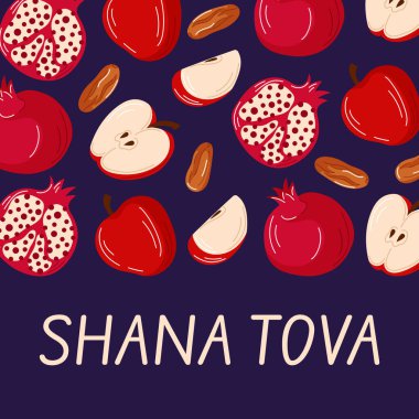 Geleneksel Yahudi Yeni Yılı 'nın olduğu Shana Tova tebrik kartı Rosh Hashanah bayram yemeği, nar, elma, düz arkaplan üzerine tarihler.
