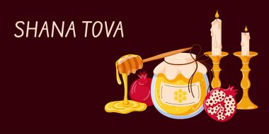 Shana Tova bal kavanozuyla selamlıyor, damlayan dalgıç, nar ve mum yeni yıl Yahudi Rosh hashanah 'ı karikatür tarzında sembolize ediyor.