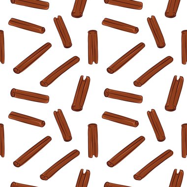 Kahverengi düz tarçın çubuklu kusursuz desen. Baharat dekoru, mutfak arka planı, paket ve bitkisel üretim için mükemmel..