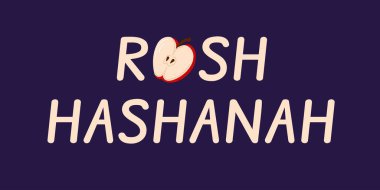 Rosh Hashanah bayramı. Düz arkaplan üzerine bayram metninde yarı yarıya elma kutlaması.