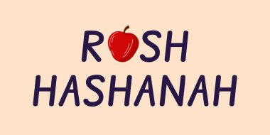 Rosh Hashanah bayram bayrağını tüm kırmızı elmayla bej arka planda düz bir şenlik mesajıyla selamlıyor.