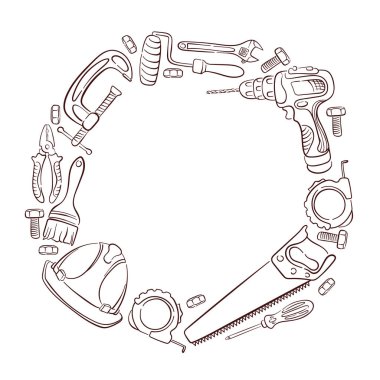 El aletini ve inşaat ekipmanlarını beyaz bir arkaplan üzerinde dairesel çerçevede sanat tarzında düzenle