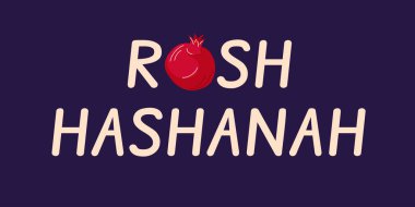 Rosh Hashanah bayram bayrağını, düz arkaplandaki koyu renk arkaplan üzerine şenlikli bir nar ile selamlıyor.