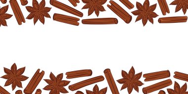 Tarçın çubukları ve yıldız anason düz stil dekoratif çerçeve içinde ambalaj, tarif kitabı, menü tasarımı ve mevsimsel pişirme veya baharat temalı tasarım için